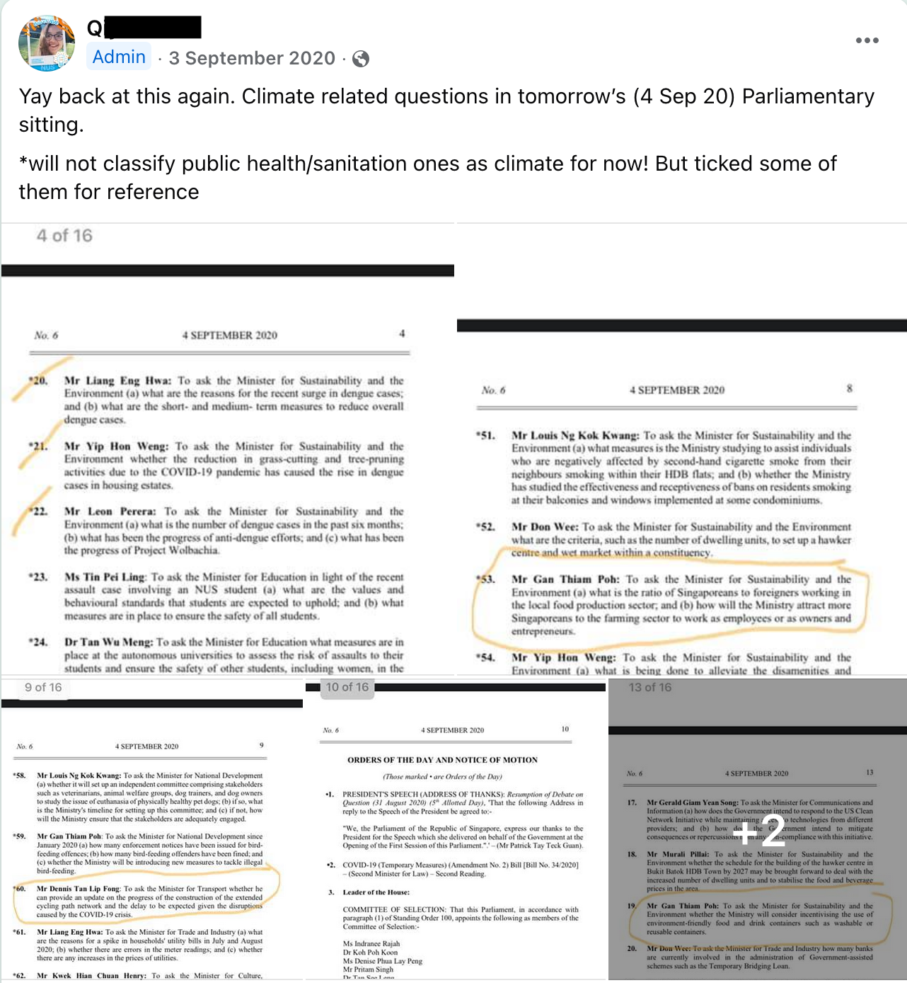 screenshot of post in Climate Media Hub about climate-related questions in September 2020 Parliamentary Sitting